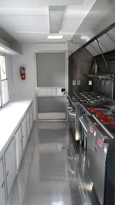 A kitchen with two ovens and a counter.
